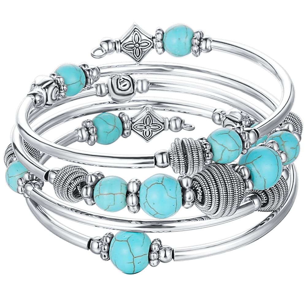 PEARL&CLUB Beaded Chakra Bangle Turquoise Bracelet - Fashion Jewelry Wrap Bracelet with Thick Silver Metal and Mala Beads, Birthday Gifts For Women(Turquoise)