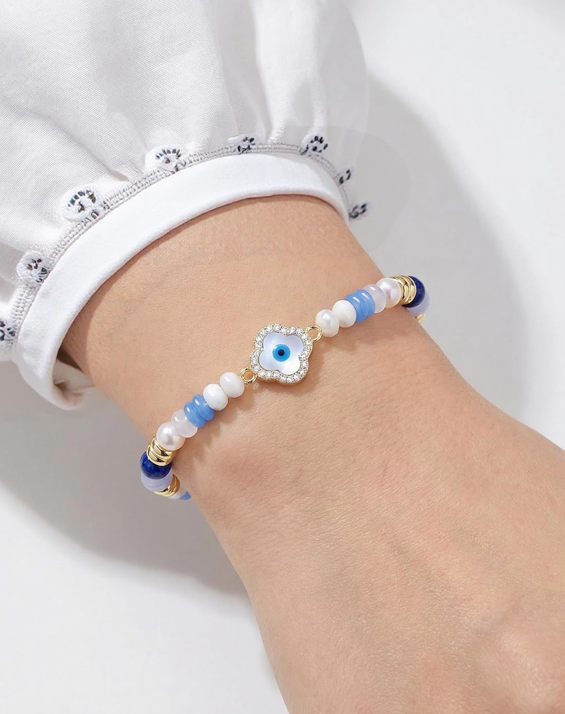 YEETONDA Evil Eye Four Leaf Clover Natural Gemstone Rainbow Bracelets Jewelry 16th 21st 30th 40th 50th 60th 70th 80th Birthday Gifts For Women Mom Sister Friend Daughter Niece(Lapis Lazuli)