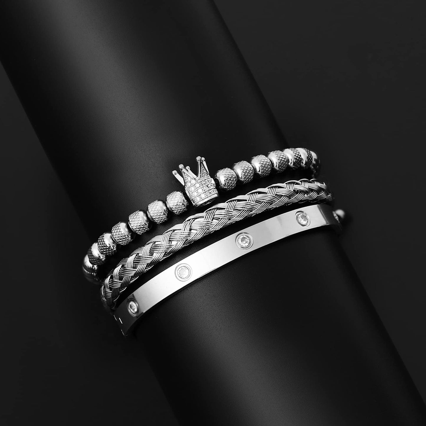 WFYOU 3PCS Stainless Steel Bracelets for Men Gold Roman Numeral Bangle Bracelet Twisted Cable Bracelet Adjustable Cuff Bracelet Mens Luxury Jewelry Bracelets Gifts(CZ Crown Silver)