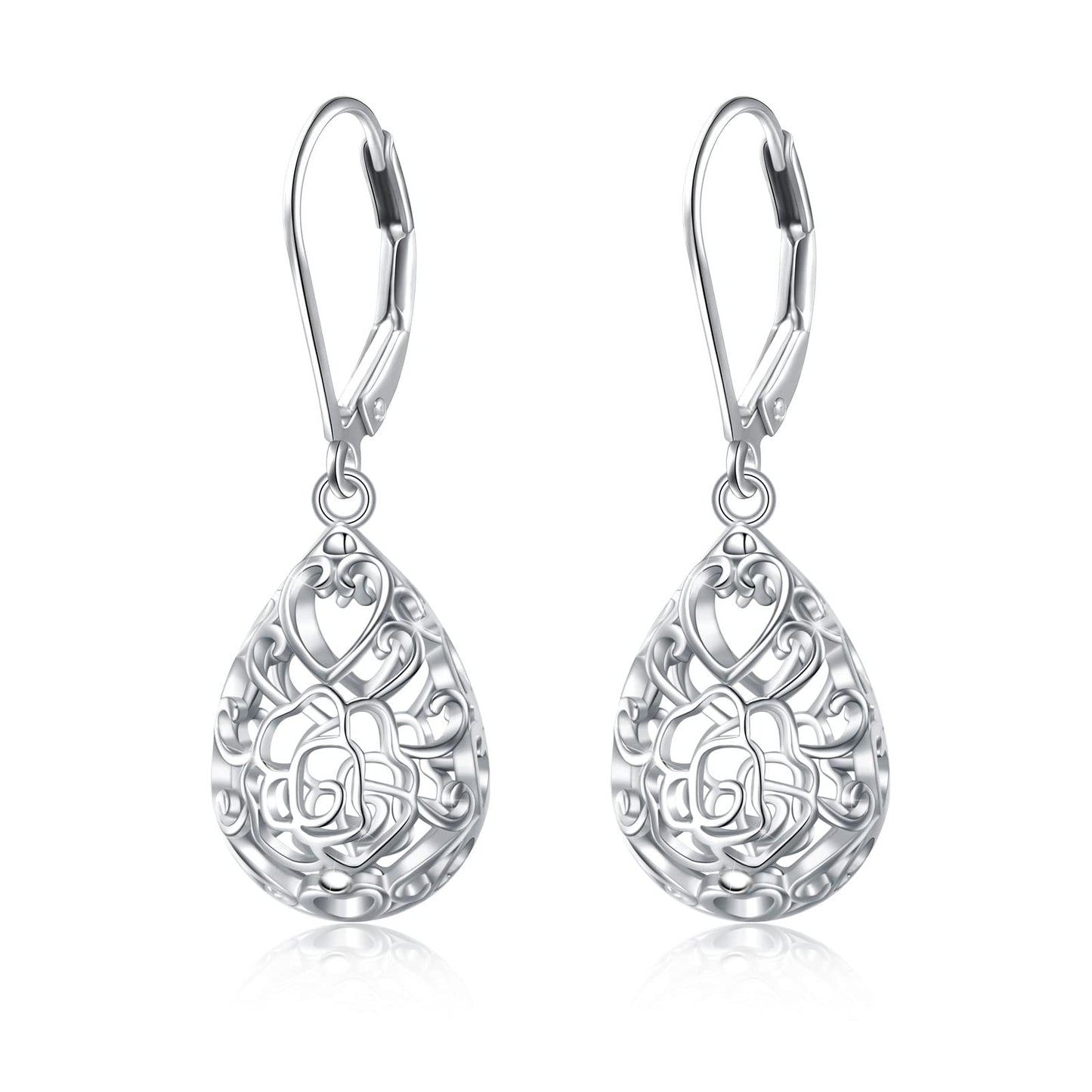 SHAOAN 925 Sterling Silver Filigree Dangle Drop Earrings Flower Rose Leverback Teardrop Earrings for Women Jewelry for Mother’s Day