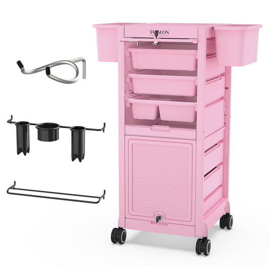 TASALON Pink Lockable Salon Cart with Wheels, Beauty Salon Station Trolley with 6 Drawers & Heat-Resistant Tool Holders, Rolling Barber Organizer for Hair Stylist, Spa & Tattoo Studio