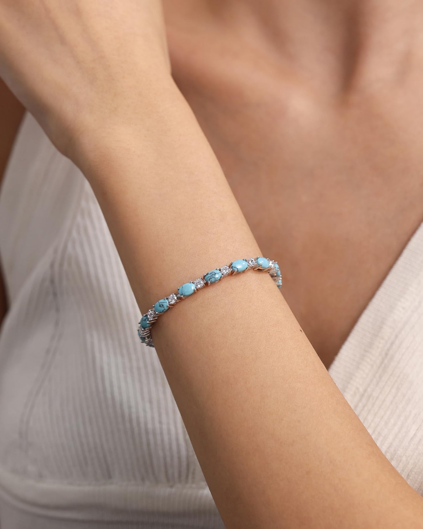 FANCIME Sterling Silver Created Turquoise Tennis Bracelet December Birthstone Oval Gemstone Dainty Fine Jewelry Birthday Day Gift for Women 7"