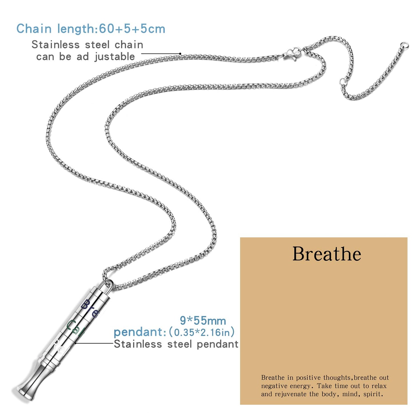 Fidget Necklace with Spinning Calm, Breathe, Relax Charms - Sensory Anxiety Relief & Deep Breathing Aid Stainless Steel Necklaces for Women Men (Steel)