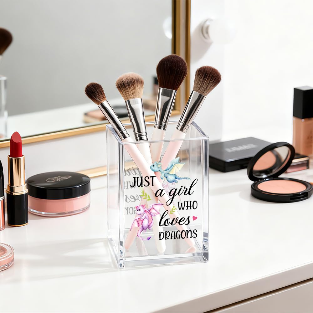 Gkodw Just A Girl Who Loves Dragons Acrylic Cosmetic Organizer Pen Holder, Funny Acrylic Desk Holder Cup for Pen Pencil, Christmas Birthday Gifts for Dragon Lovers Daughter Lady Women Coworker Boss
