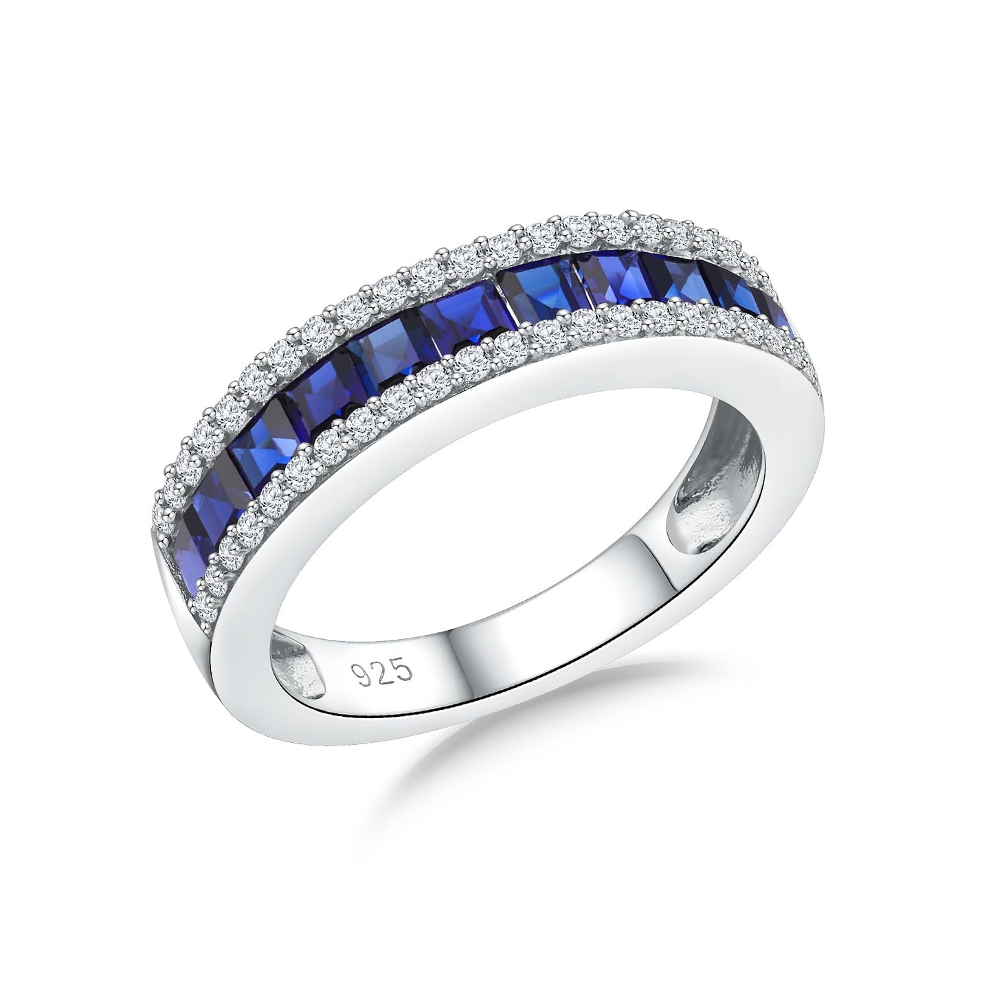 RANDES Blue Sapphire Eternity Ring Bands for Women Men 925 Sterling Silver Princess Cut Engagement Ring Anniversary Band Size 9.5
