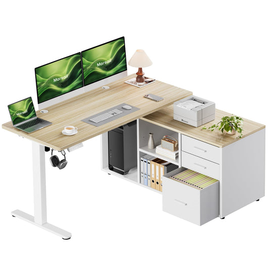 Marsail L-Shaped Executive Standing Desk with File Cabinet, 55" x 24" Electric Height Adjustable Stand up Desk, One-Whole Piece Desktop, Home Office Modern Computer Deskwith 4 Memory Presets