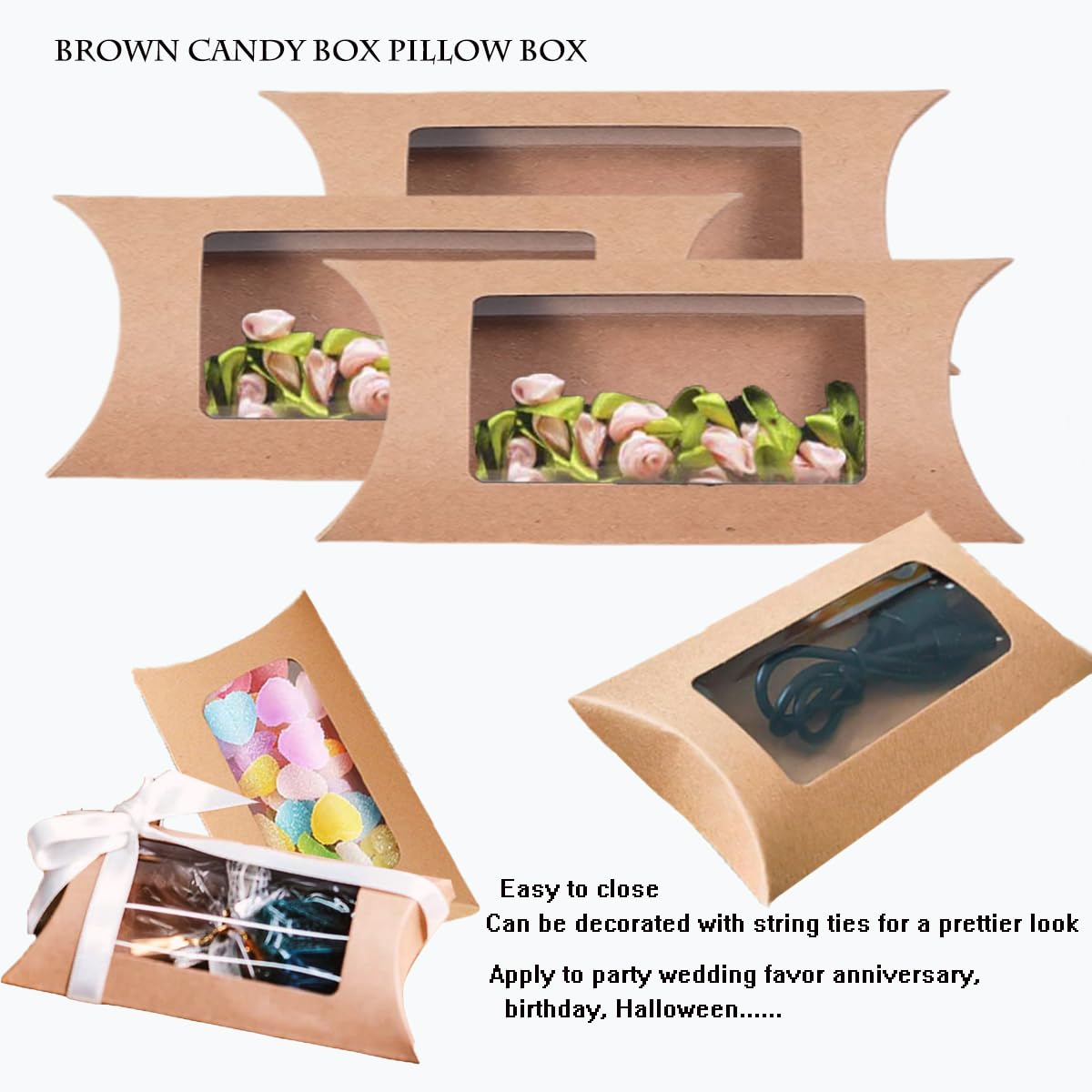 100 Pcs Pillow Gift Boxes with Windows,Kraft Paper Mini Pillow Packaging Box, Creative Favor Box Folding Treat Boxes with Clear Window for Bakery Candy Chocolate Jewelry Display Wedding Party Favor (kraft 100Pcs)