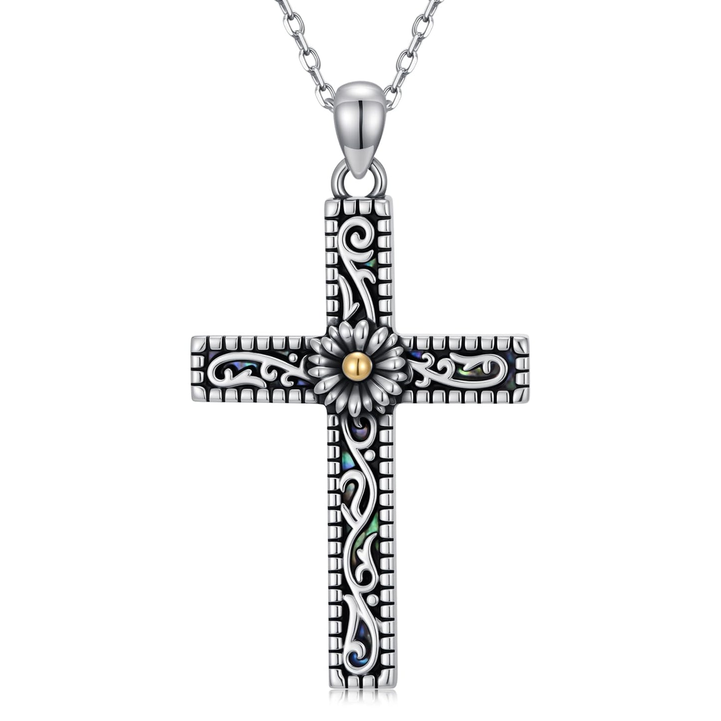KoyeKei Daisy Necklace 925 Sterling Silver for Women Daisy Flower Cross Filigree Necklaces Pendant Christian Religious Abalone Jewelry Gifts for Mothers Day Birthday Mom Grandma Sister