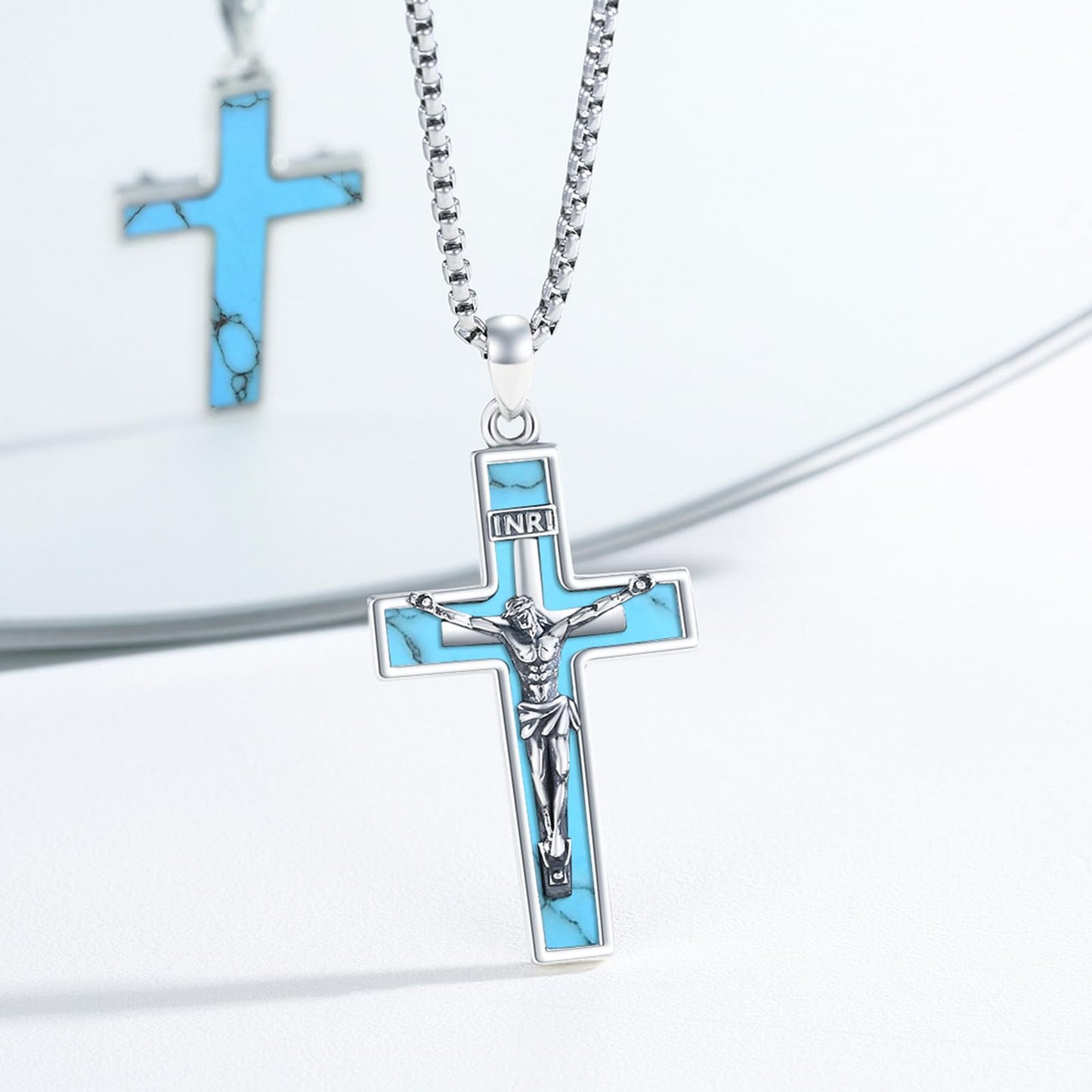 YEESIA Cross Necklace for Women Men 925 Sterling Silver Jesus Crucifix Pendant Necklace with Turquoise Cross Jewelry Gift for Women Men