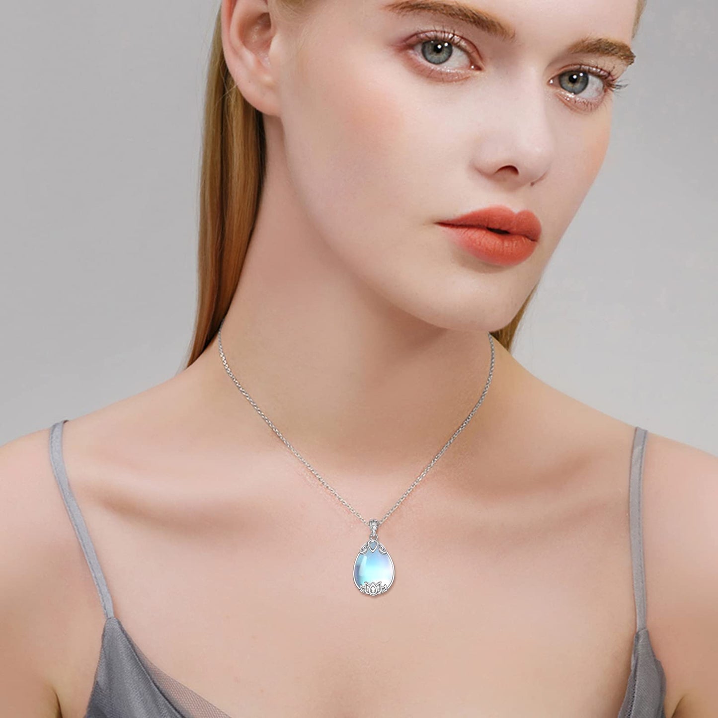 YAFEINI 925 Sterling Silver Moonstone Lotus Necklace Filigree Teardrop Pendant Necklace Jewelry Gift for Women (I-Lotus moonstone necklace)