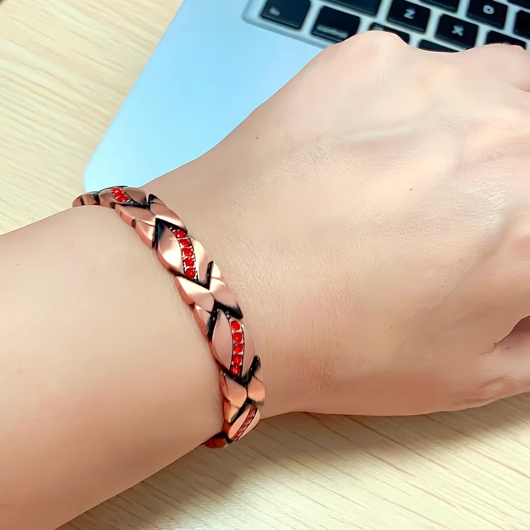 SCVIYRUN Magnetic Copper Bracelets for Women - 99.99% Pure Copper Effective Magnetic Bracelets with Easy 2 Links for Mother (Copper - Orange Red Stone)