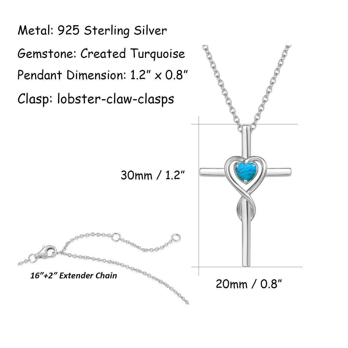 FANCIME Turquoise Cross Necklace For Women Sterling Silver Birthstone Turquoise Infinity Heart Cross Pendant December Birthstone Jewelry Valentines Day Gifts for Women