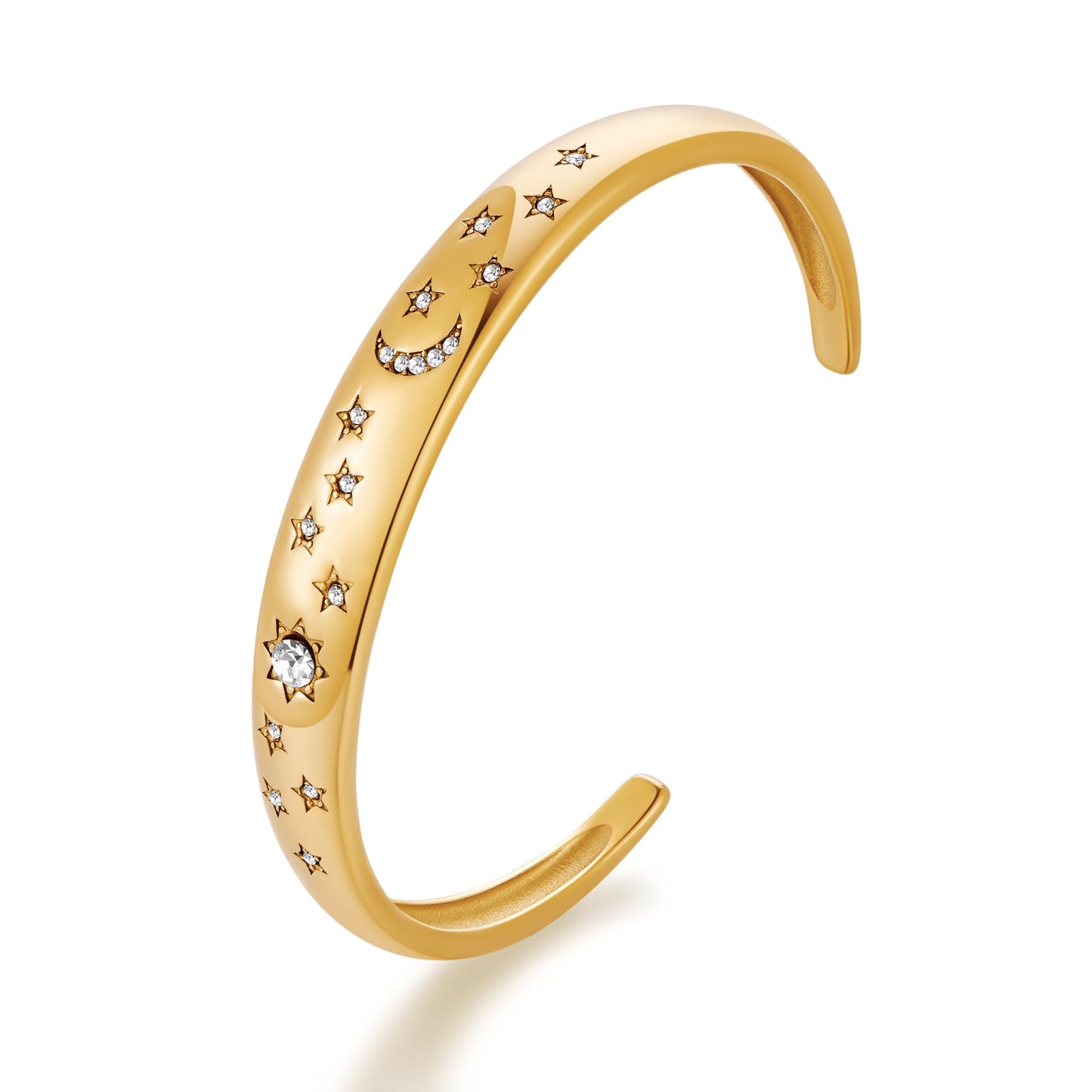 TENTMENTISE Bracelet for Women Diamond-Cut Star and Moon Bangle 18K Gold Plated Stainless Steel Bracelet Cubic Zirconia Accents Statement Jewelry Non-Tarnish Bracelet Birthday Gift for Her