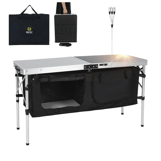 Nice C Camping Table, Storage Camping Table with Solar Panels, Storage Kitchen Tables, Folding Tables, 45W Output, w/USB, Type-C & DC Charging Cable, For Outdoor, Beach, BBQ, Picnic, Cooking, Festival