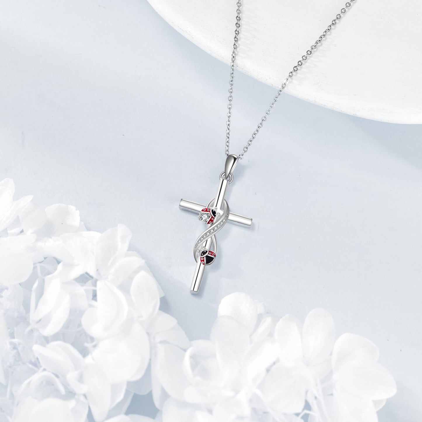 POPLYKE Cross Ladybug Necklace 925 Sterling Cross Pendant Necklace Ladybug Jewelry for Women