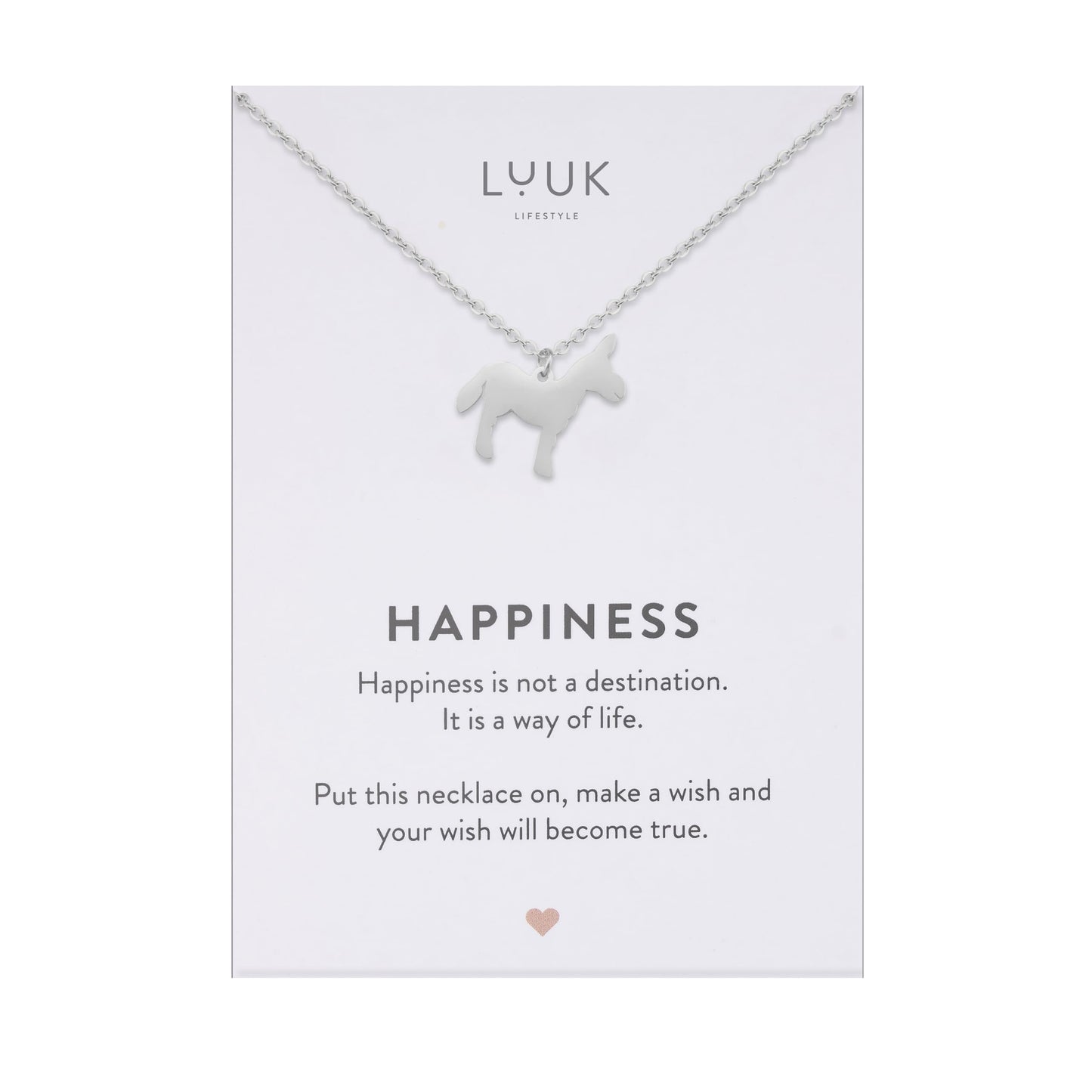 LUUK LIFESTYLE Donkey pendant, cute animal necklace, stainless steel, 14K Silver plated, HAPPINESS Gift Card, 19in adjustable sturdy chain, dainty, modern, trendy, gifting season winter aesthetic