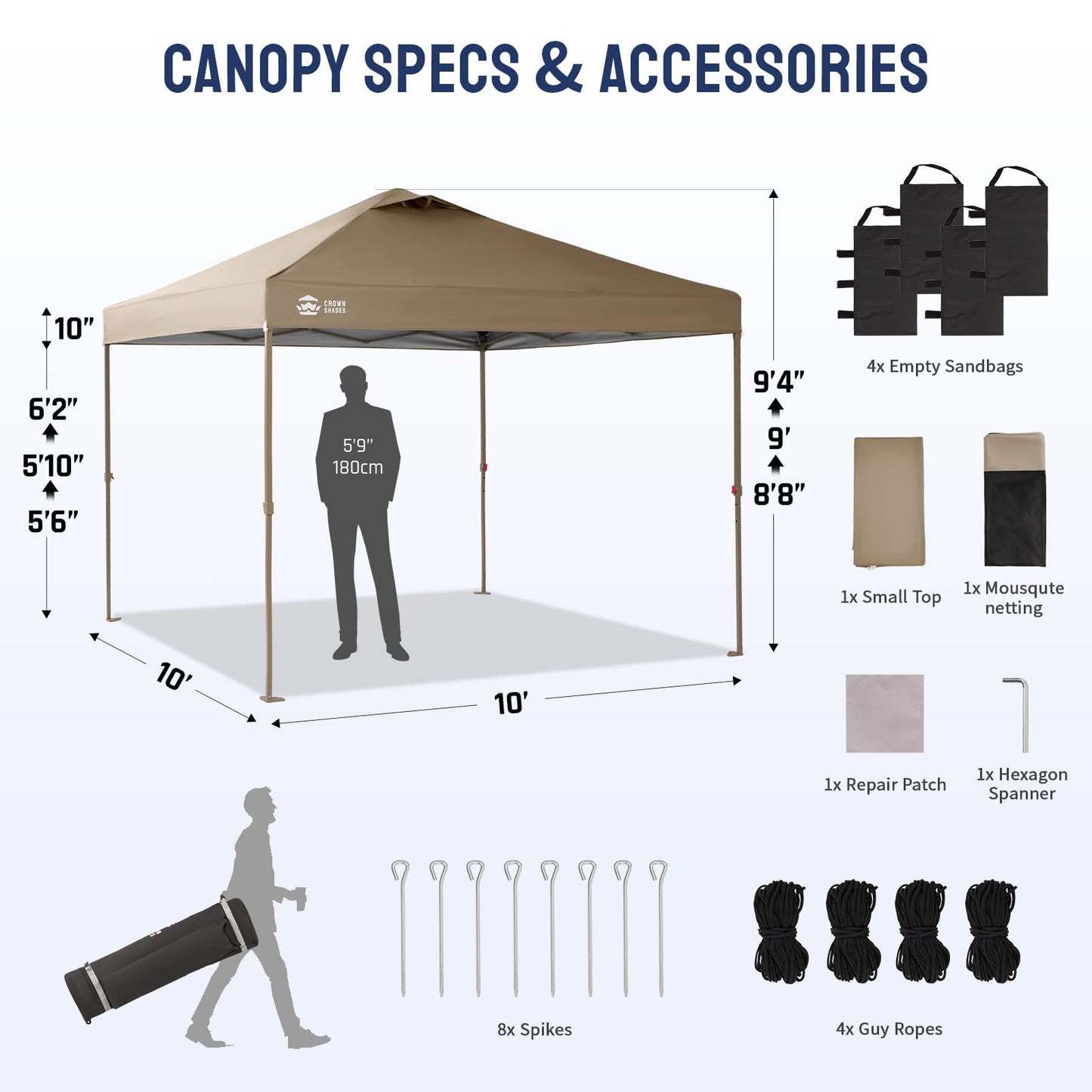 CROWN SHADES Gazebo 10x10 Pop Up Canopy with Mosquito Netting, Screen Tent with 4 Ropes, 8 Stakes, 4 Sandbags and Wheeled Storage Bag, Canopy for Patio & Backyard Parties,Camping&Events -(Beige)
