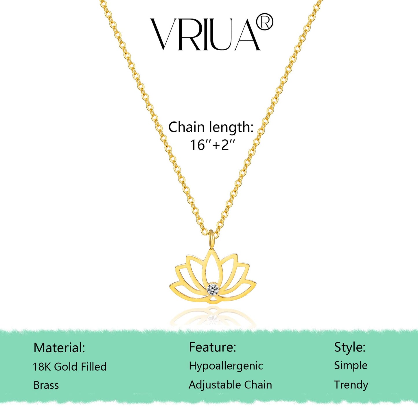 VRIUA Lotus Flower Necklace for Women 14k Plated Tiny Diamond Lotus Pendant Dainty Necklace Minimalist Simple Jewelry