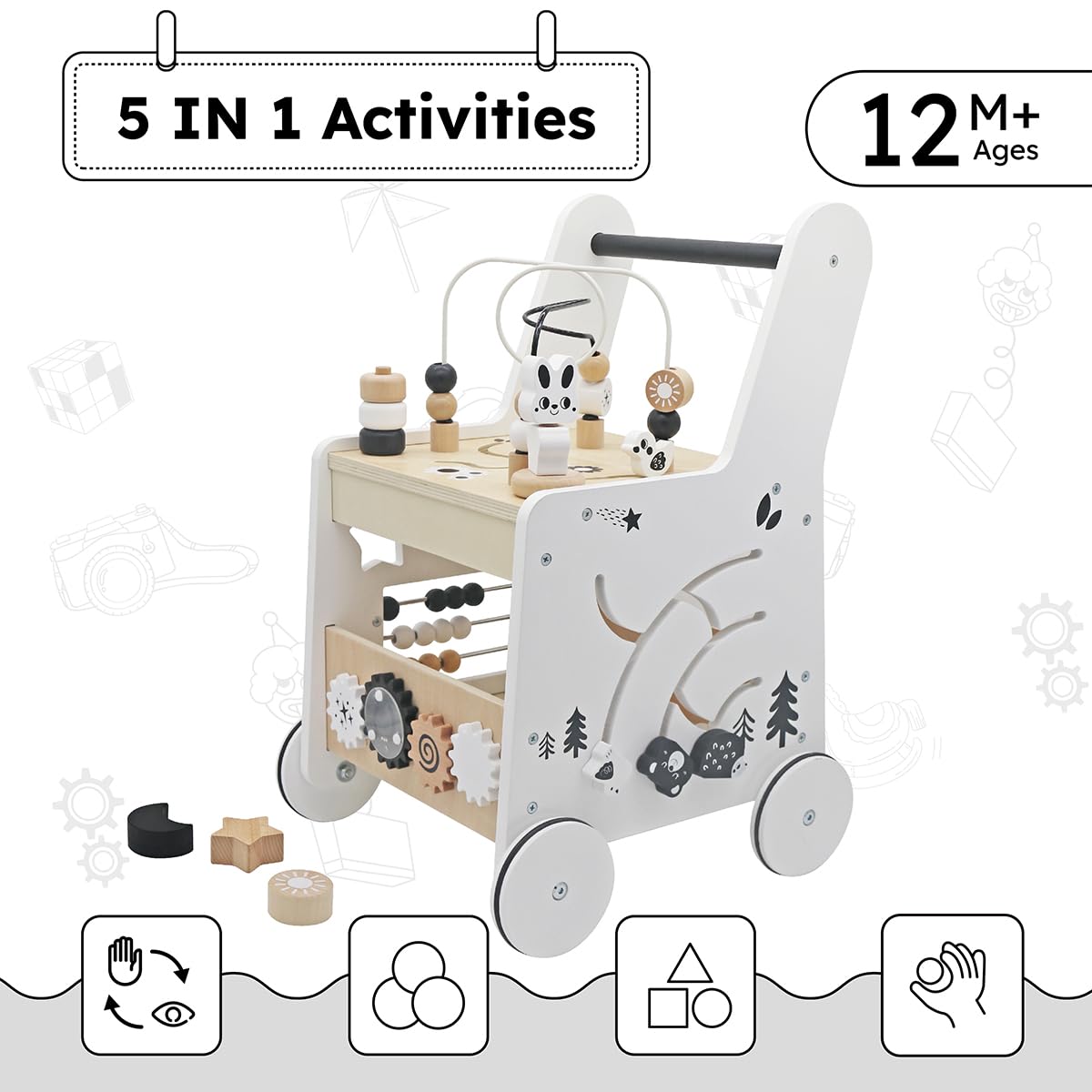 Wooden Baby Walker Activity Cubes,Baby Push Walker Toy for Toddler, 5in1 Montessori Learning&Educational Toys for 1+ Year Old Boy Girl | Sorting&Stacking | Bead Mazes and Counting Toys