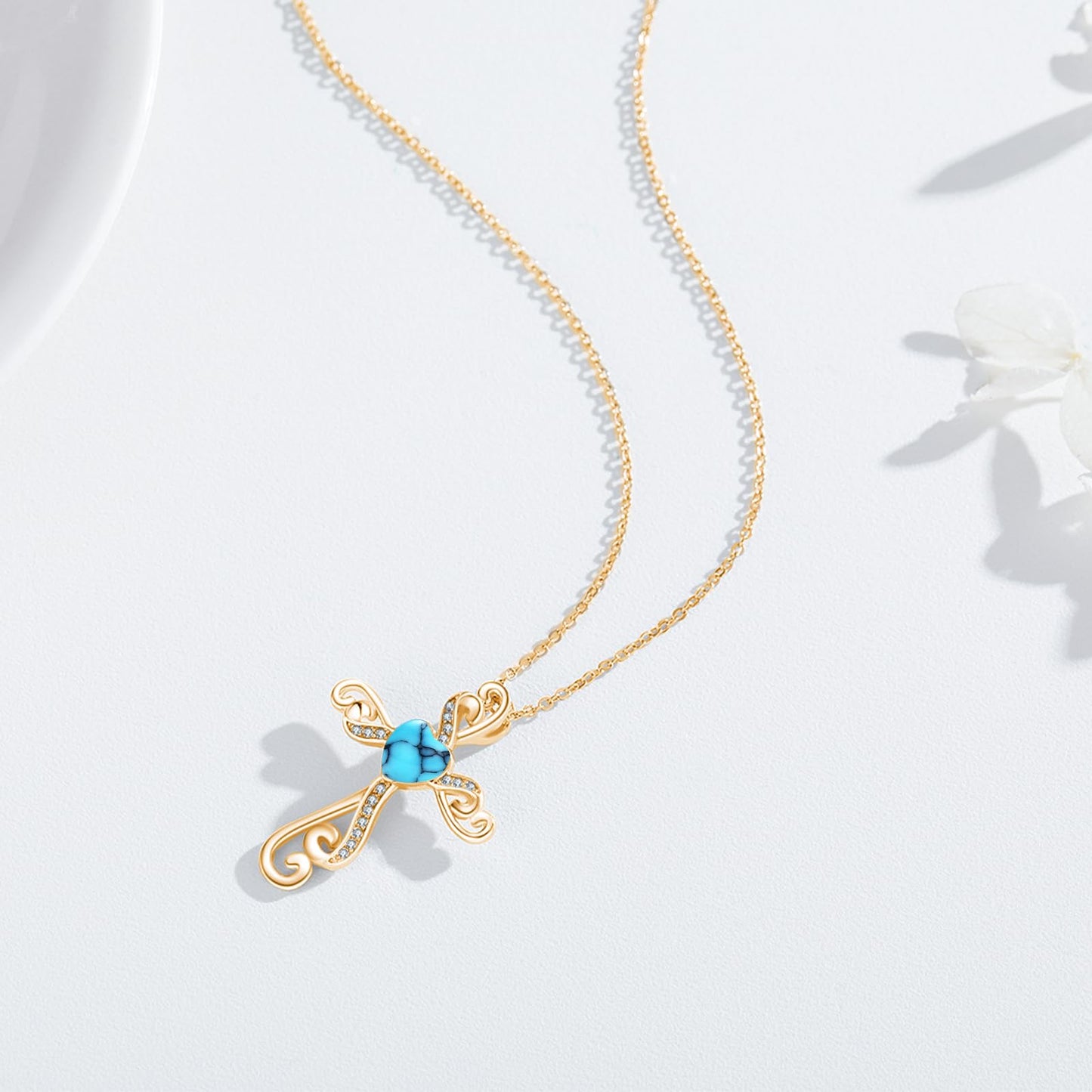 Twoowl 14K Gold Plated Cross Necklace 925 Sterling Silver Turquoise Christian Pendant Religious Catholic Jewelry Gifts for Mom Women