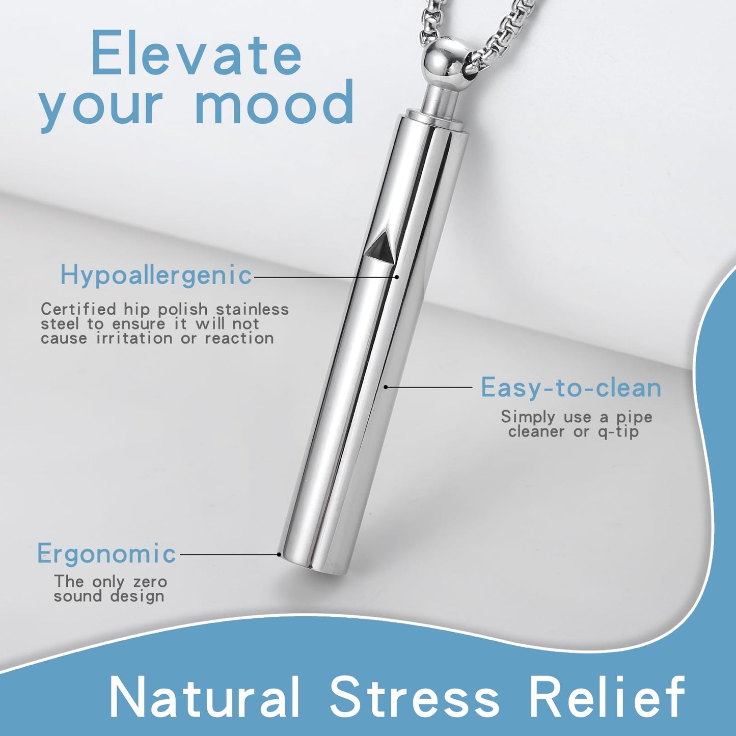 Anxiety Breathe Easy Necklace Mindfulness Breathing Necklace Breathlace Stainless Steel Pendant for Natural Calm & Stress Relief (Steel+Black T)