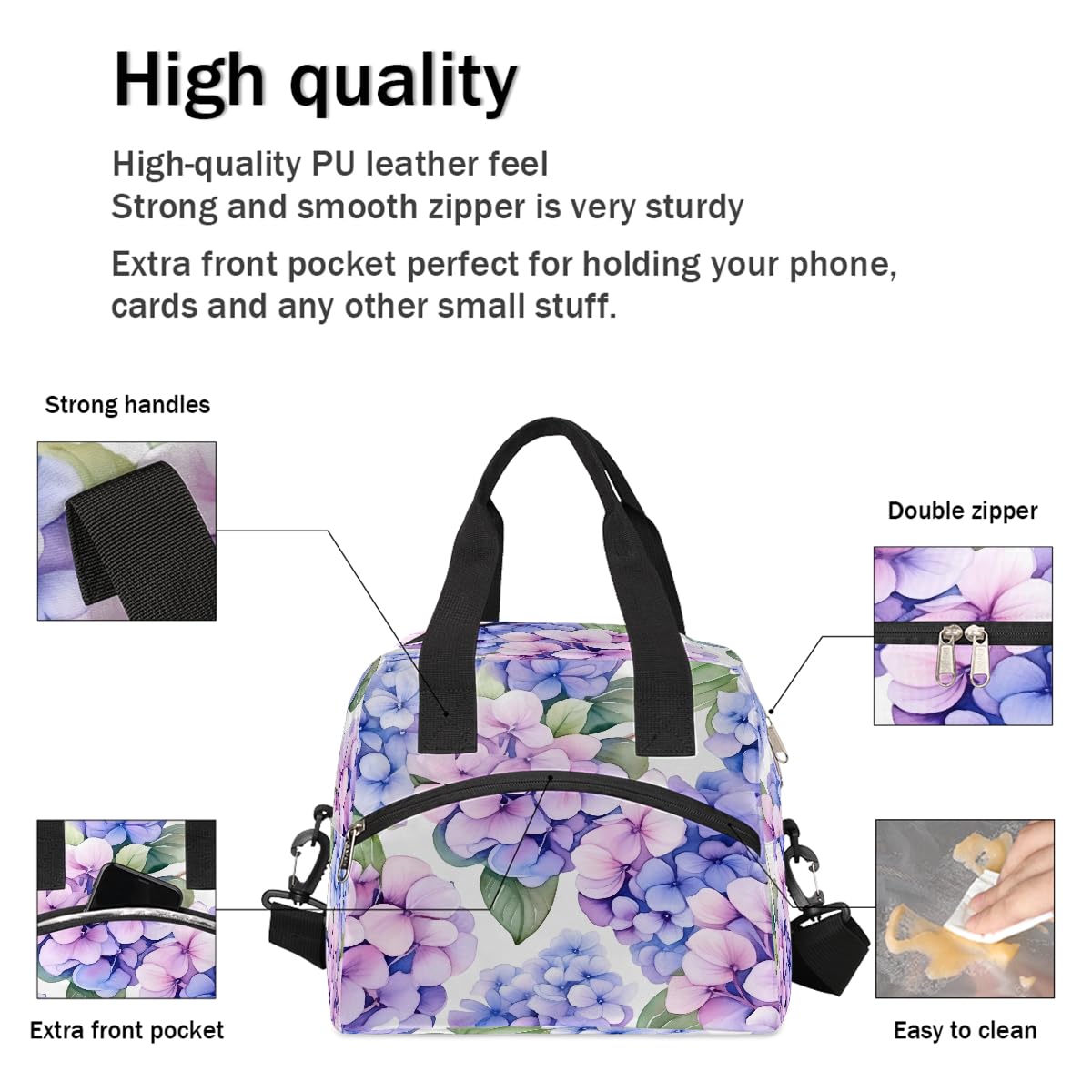 Pardick Purple Flower Floral Insulated Lunch Bag for Women Girl Reusable Lunch Tote Box With Shoulder Strap Lightweight Thermal Cooler Meal Prep Bag for Work School Office Picnic