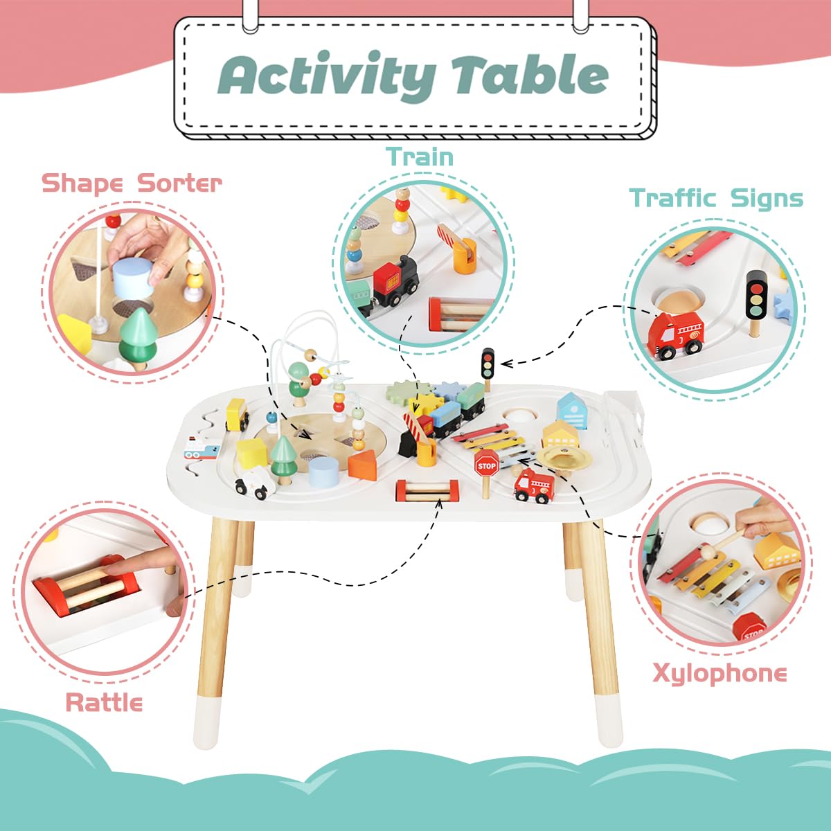 touch us Baby Activity Cubes for Kids,Toddler Activity Cubes&Activity Center Table with Wooden Bead Mazes，Mini Toy Car,Gears&Blocks|Wooden Desk Play Table as Montessori Toy for 1 Year Old Boy Girl