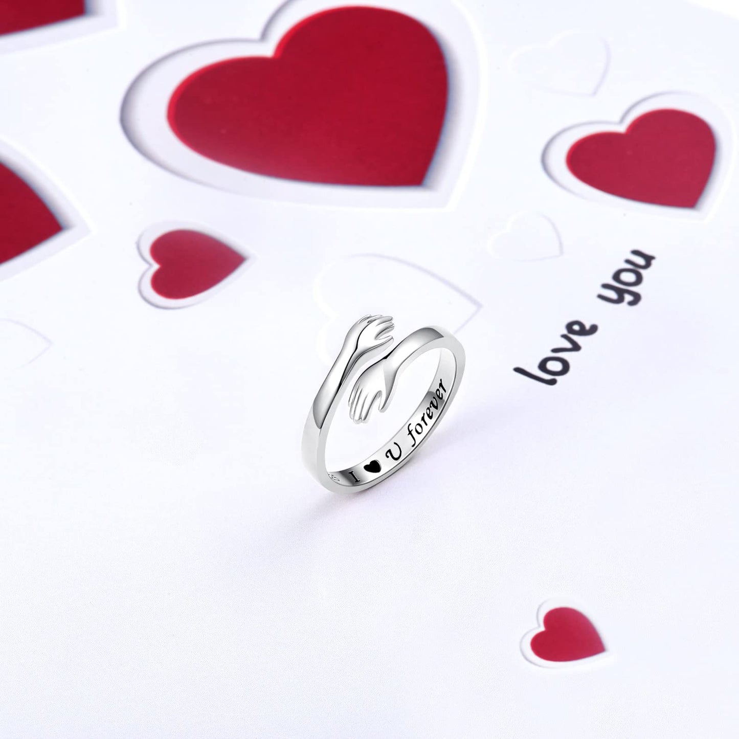 ACJFA Hug Rings for Women Sterling Silver Adjustable Ring for Women Daughter Hand Ring Jewelry for Birthday Gifts Holiday Gift for Teens (I U forever)