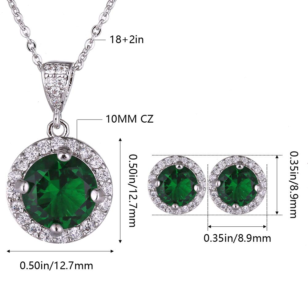 AMYJANE Emerald Necklace and Earrings Set - 14k White Gold Plated Green Round Cubic Zirconia Crystal Pendant and Halo Stud Earrings - May Birthstone Fashion Jewelry for Women