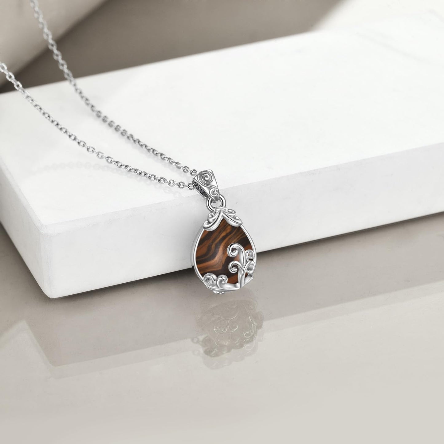 POPLYKE Sterling Silver Tiger Eye Filigree Teardrop Necklace Filigree Pendant Jewelry Gifts for Women