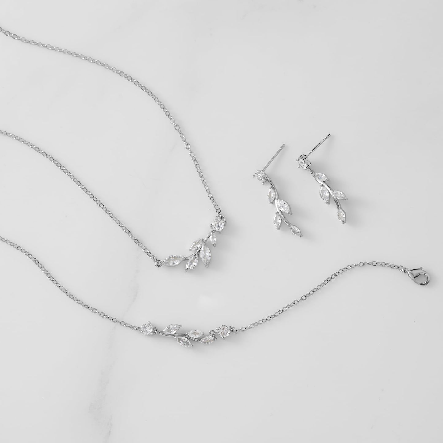 SWEETV Bridal Jewelry Set for Bride & Bridesmaid - Cubic Zirconia Leaf Vine Earrings, Necklace & Bracelet Set for Wedding & Prom