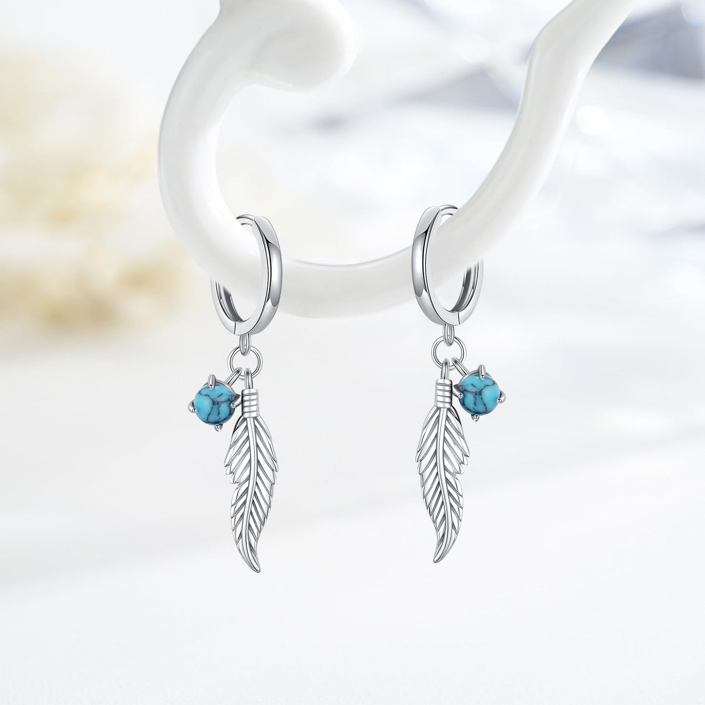 Feather Turquoise Earrings 925 Sterling Silver GenuineTurquoise Dangle Earrings Western Earring Native American Jewelry Indigenous Gifts for Women
