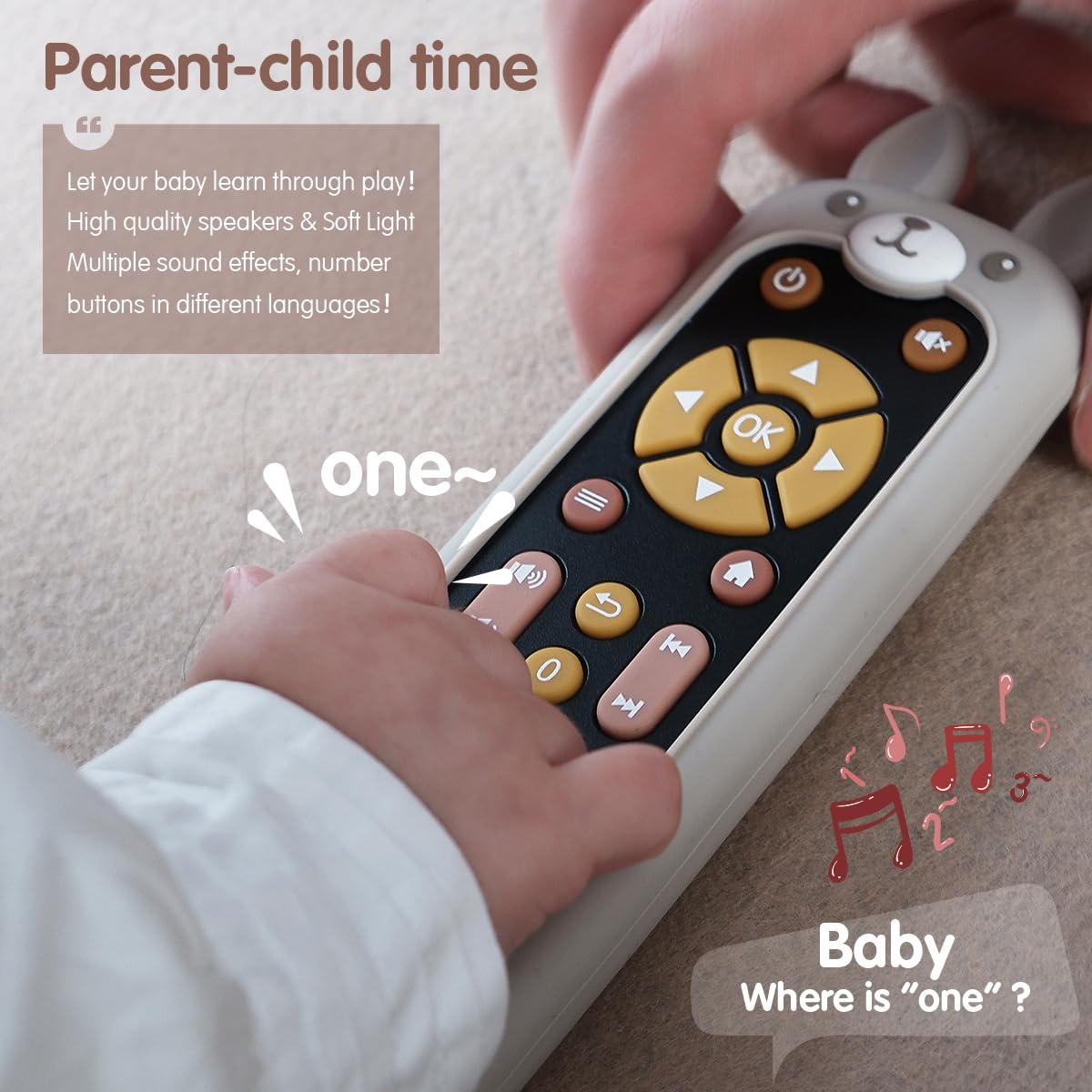 Nueplay Pretend Remote Control Toy for Toddlers with Light and Music-Includes 2 Washable Silicone Covers,Trilingual Number Learning in English,Spanish and French,Gifts for 1 Year Old Girls