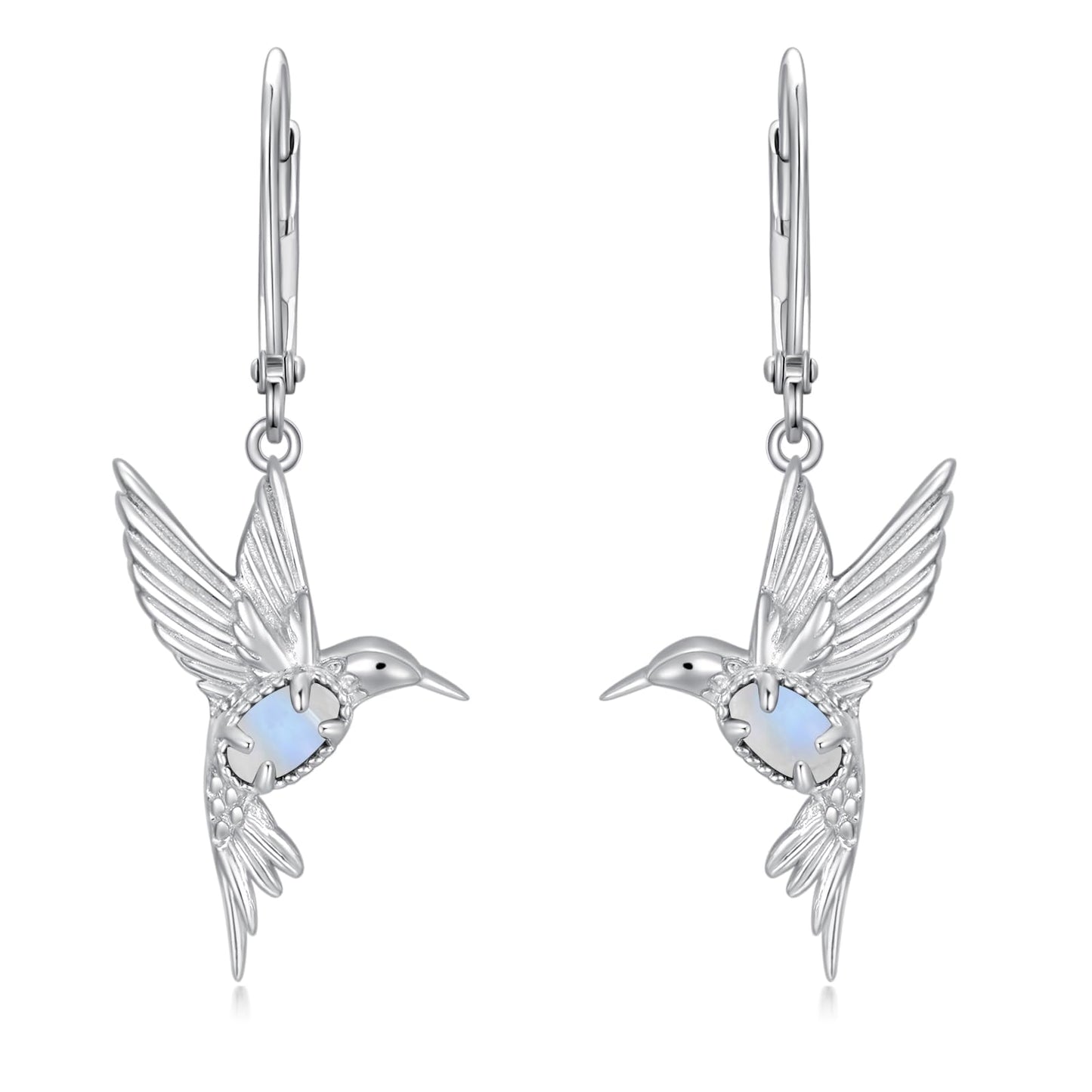 BETHZA Hummingbird Earrings 925 Sterling Silver Natural Moonstone Hummingbirds Drop Dangle Earring Animal Jewelry Gifts for Women
