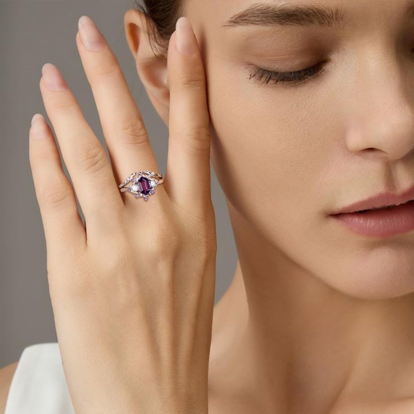 LieYovanaRing 1CT Hexagon-Cut Amethyst Wedding Ring Set 18K White Gold Platinum Plated Silver Three Stones Bridal Sets,S925 Amethyst Moissanite Engagement Ring Sets for Women Jewelry Gift for Anniversary Birthday (Size 8)