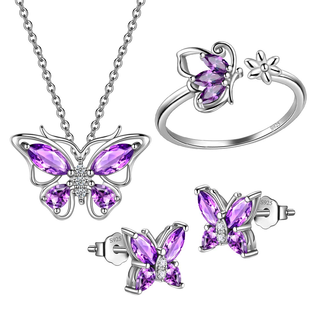 Hipunk Butterfly Purple Jewelry Sets Birthstone Women 925 Sterling Silver Februsry-Amethyst Birth Stone Animal Butterflies Jewelry Sets/Earring/Ring Set Crystal Birthday Jewelry SS0002F