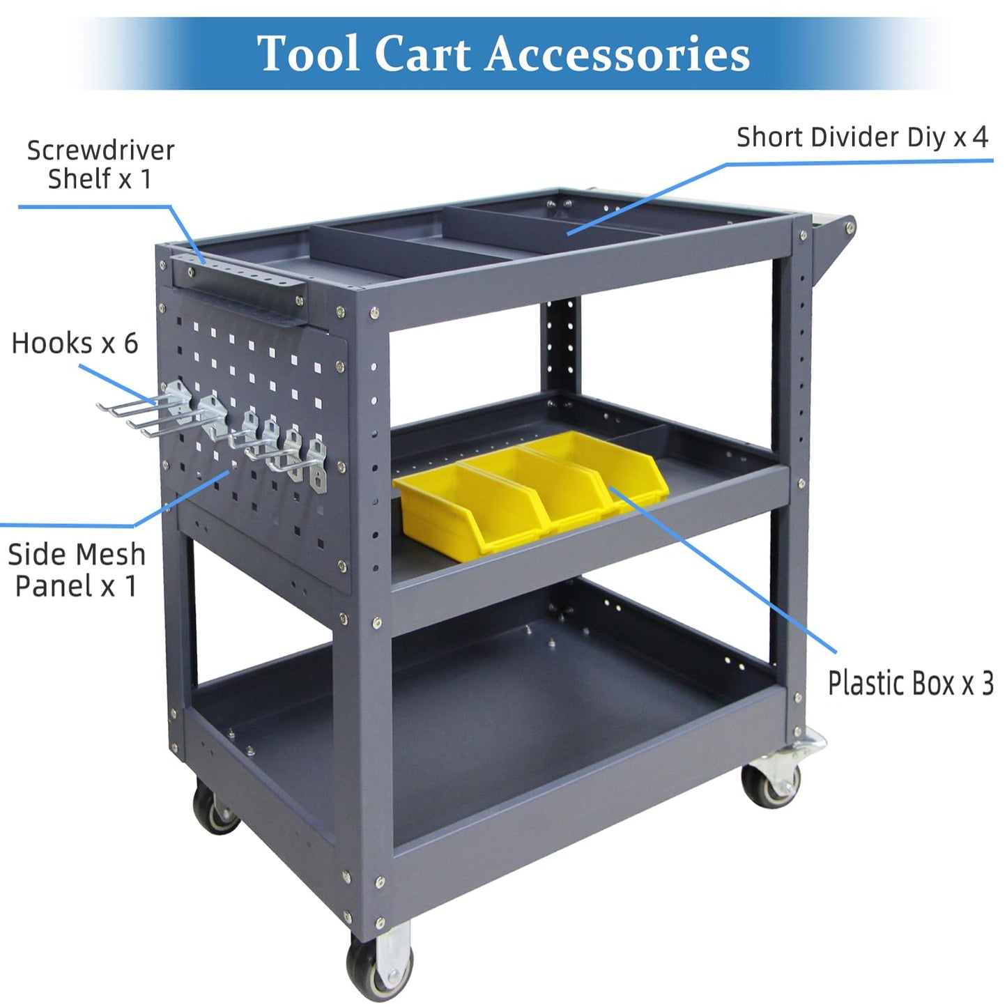 3 Tier Rolling Tool Cart, 500 lbs Capacity, 31.5"x29"x15", Mechanics Cart with 4 Dividers, Mesh Panel & Screwdriver Shelf