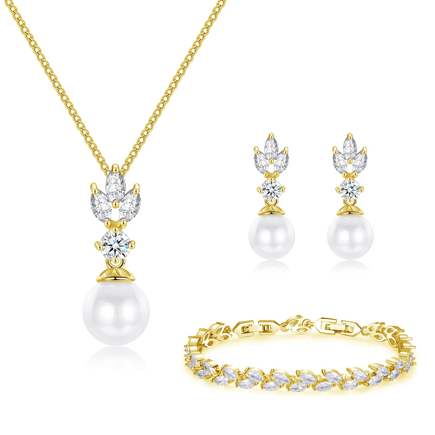 IDASANY Wedding Jewelry for Bride Bridesmaid, Pearl Dangle Earrings and Pendant Necklace Set Bridal Jewelry for Promise Wedding Party, 1 Set, Gold