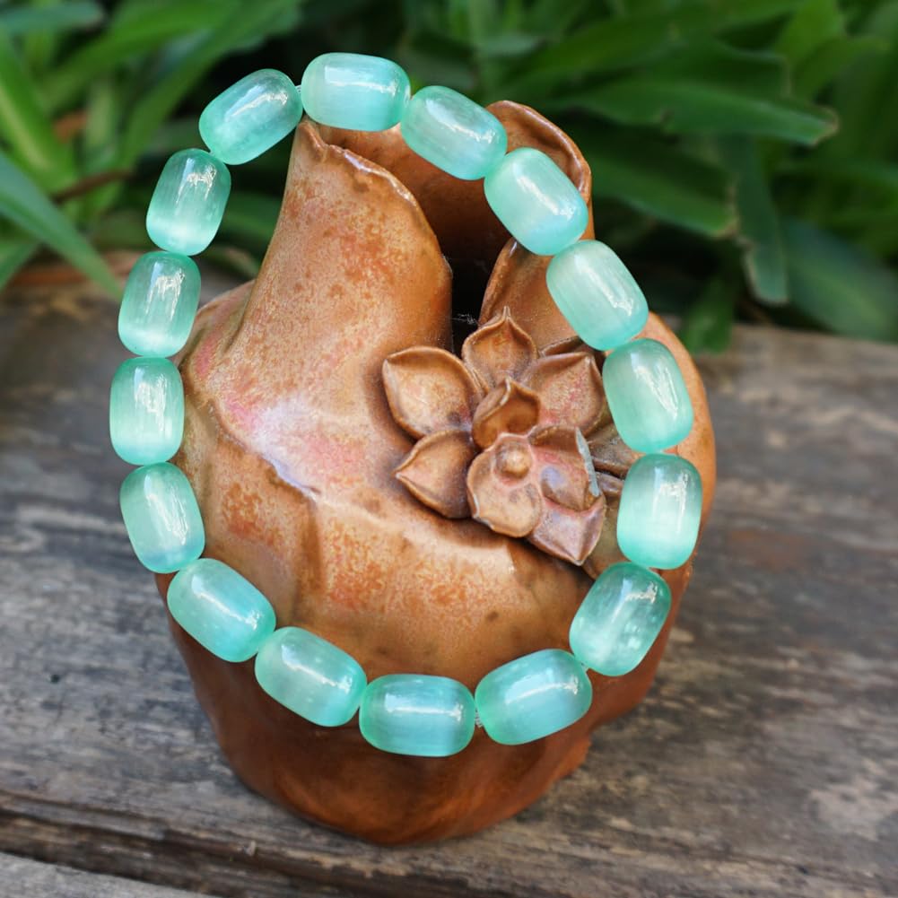 TaHLga Natural Selenite Crystal Bracelet for Women Men | 8x12mm Green Plated Cylinder Beads | Authentic Stone with Leather Pouch, Gift Box & Repair Kit | Fits 7.5 inch Wrist