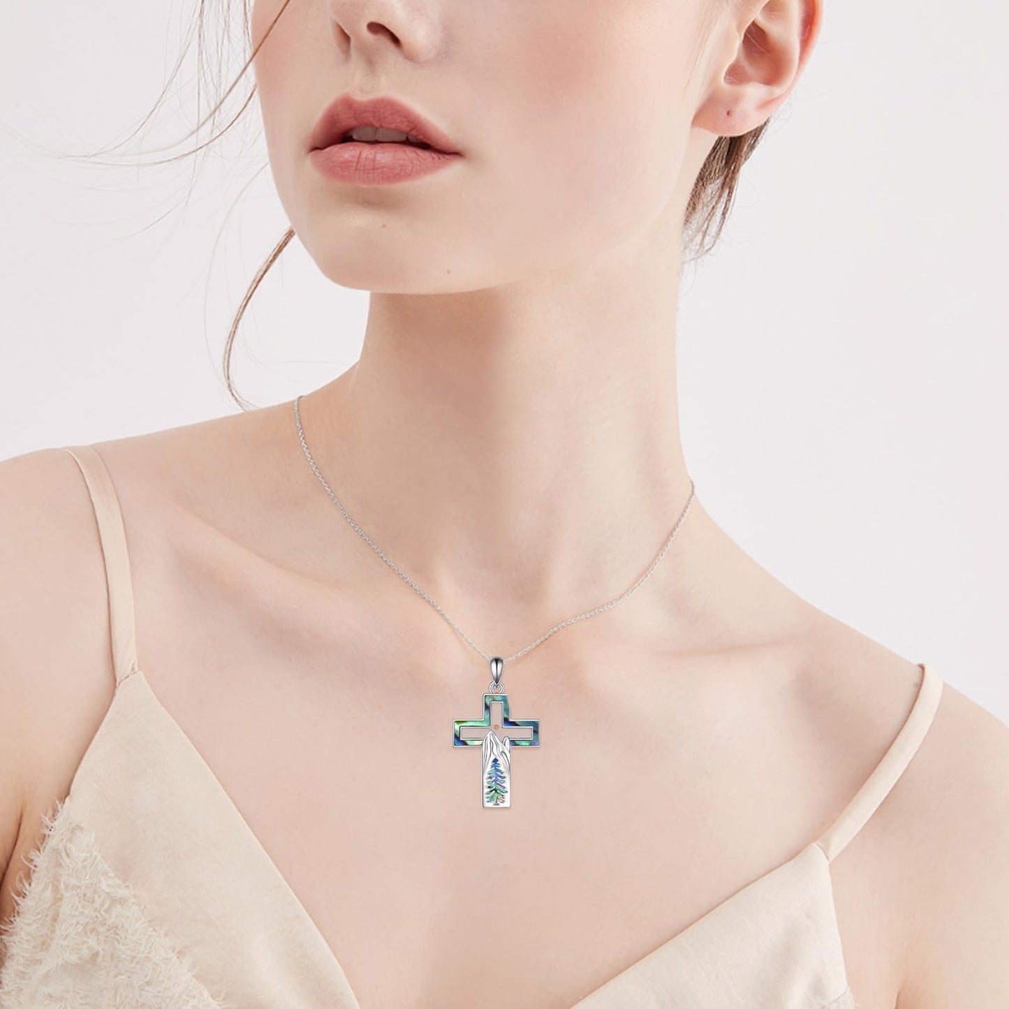 YFN Mountain Necklace for Women Sterling Silver Nature Necklace Jewelry Gift for Skiers, Hikers, Campers, Climbers and Nature Lovers (Silver-Cross Necklace Mountain)