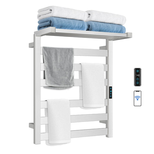 WiFi Heated Towel Rack Wall Mounted, Electric Towel Warmer with Foldable Bracket, Stainless Steel, LED Built-in Timer, Plug-in, Temperature & Timing Control, 6 Bars, Nickel Silver