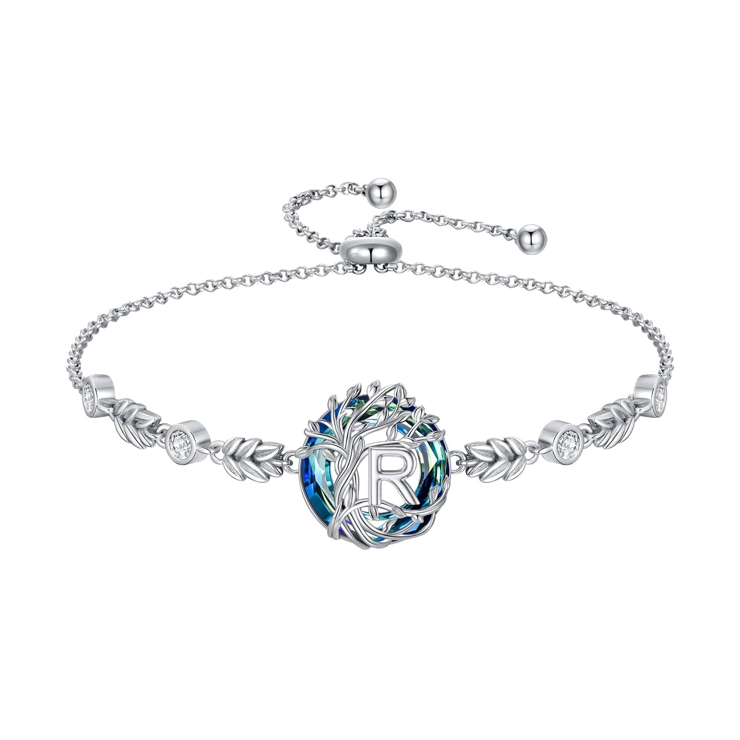 TOUPOP Tree of Life Initial Bracelet Sterling Silver Initials R Letter Link Bracelets Blue Circle Crystal Family Tree Birthday Mothers Day Jewelry Gifts for Women Mom Wife