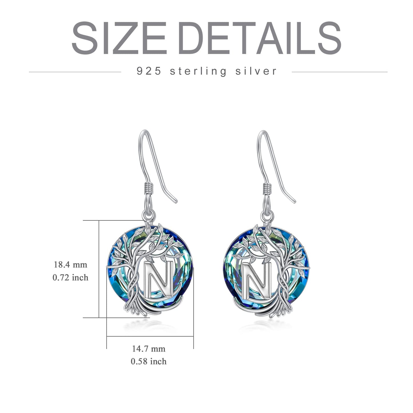 TOUPOP Tree of Life Initial Earrings Sterling Silver Initial N Letter Drop Dangle Earrings Blue Circle Crystal Family Tree Jewelry Birthday Mothers Day Gifts for Women Mom Her