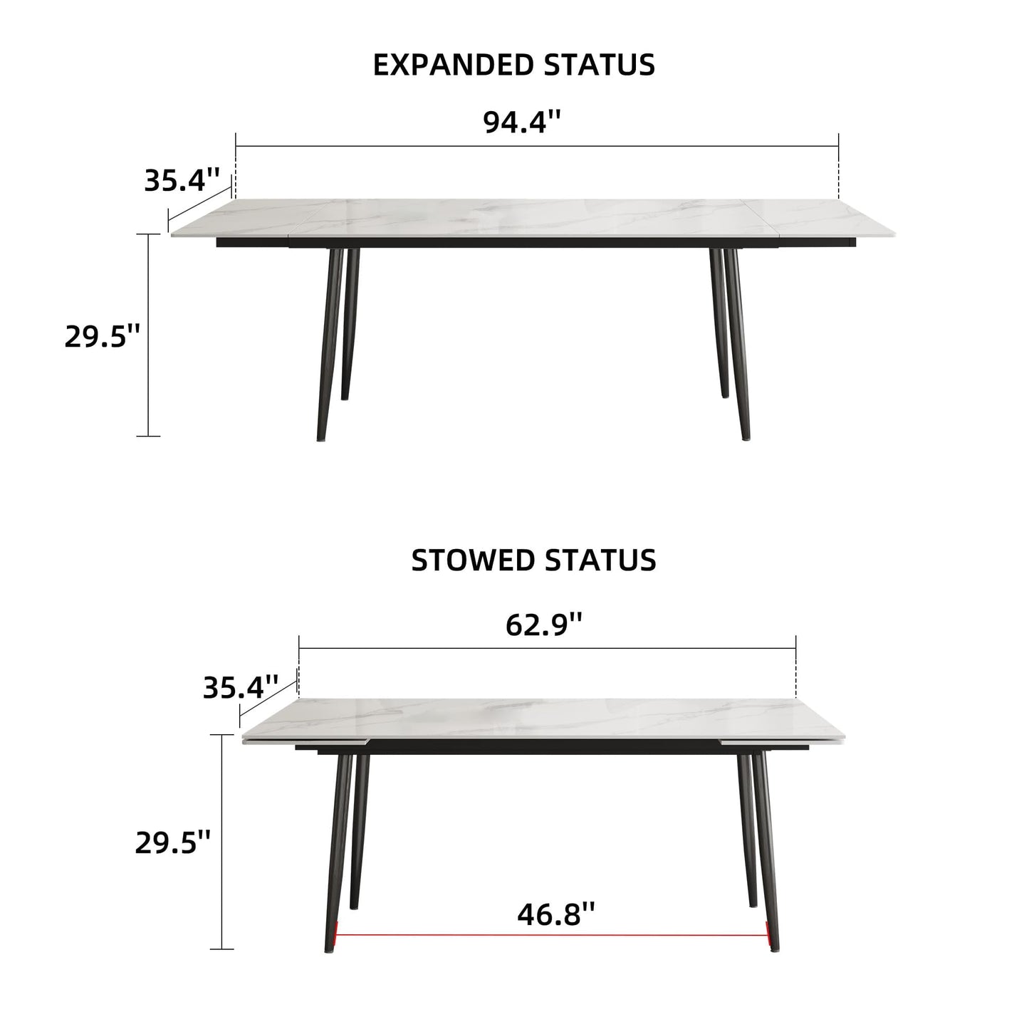 NessCarsti 62.9"–94.4" Extendable Sintered Stone Dining Table for 6–10, Modern White Rectangular Kitchen Table with Stainless Steel Legs, Scratch-Resistant & Heat-Resistant, Patio & Backyard Furniture