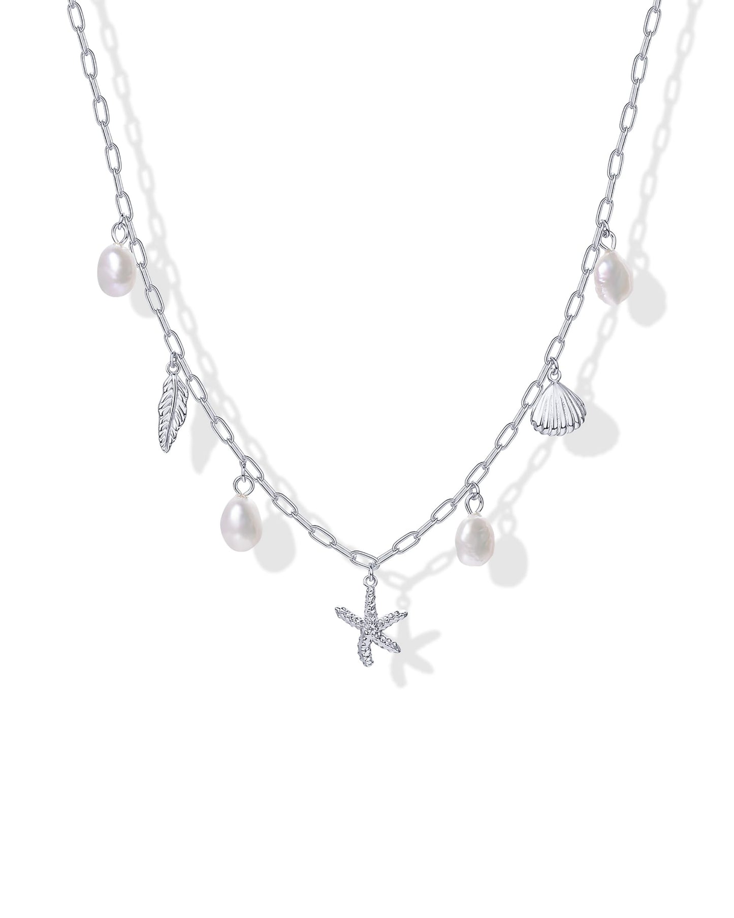 PAVOI Rhodium Plated Beach Charm Necklace for Women - Dainty Paperclip Chain Trendy Beachy Multi Charm Necklace - Gold Ocean Summer Jewelry with Freshwater Pearl, Sea Shell, Starfish