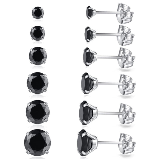 6 Pairs Stud Earrings Set, Hypoallergenic Cubic Zirconia Earrings 316L Stainless Steel CZ Earrings 3-8mm (Black CZ)