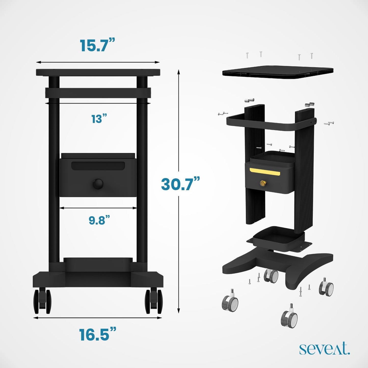 Seveat Professional Medical Cart with Drawers, 3 Tier, 198 Lbs Capacity, Portable Rolling Trolley for Home, Spa, Hospital, Office, Clinic (Black)