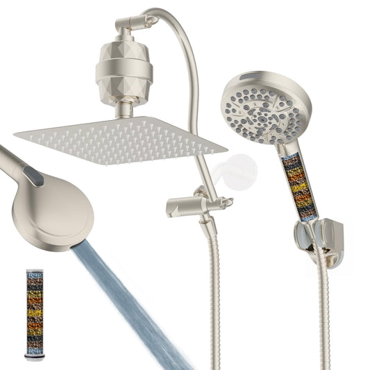 Hibbent All Metal 10'' Filtered Rainfall Shower Head Combo, High Pressure Handheld Shower Head with 12'' Adjustable Curved Extension Arm, 20 Stage Shower Filter, 10-spray, 71'' Hose, Brushed Nickel