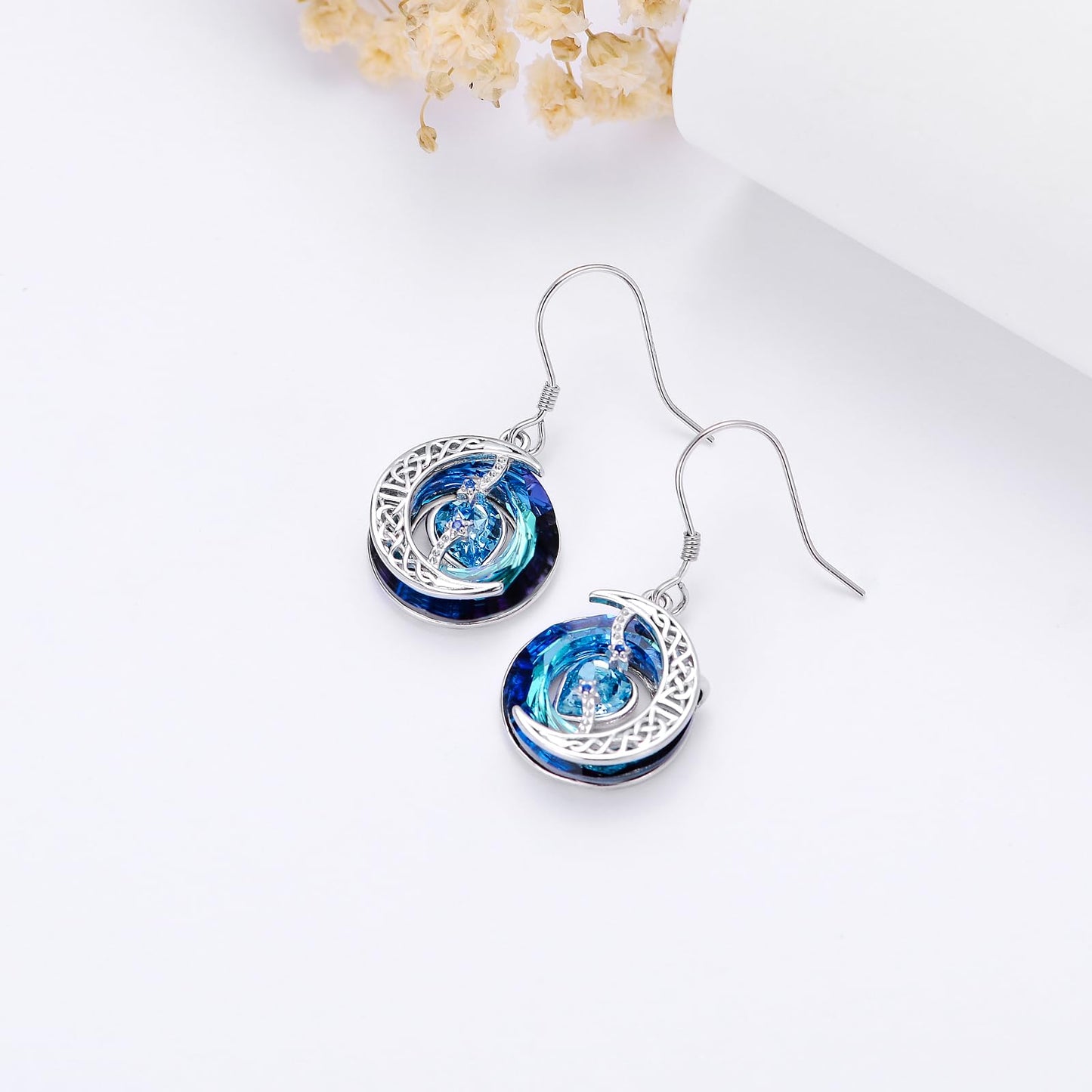 TOUPOP Aquamarine Earrings March Birthstone Earrings Sterling Silver Moon and Star Drop Dangle Earring Jewelry Blue Crystal Birthday Mothers Day Gifts for Women Mom Her