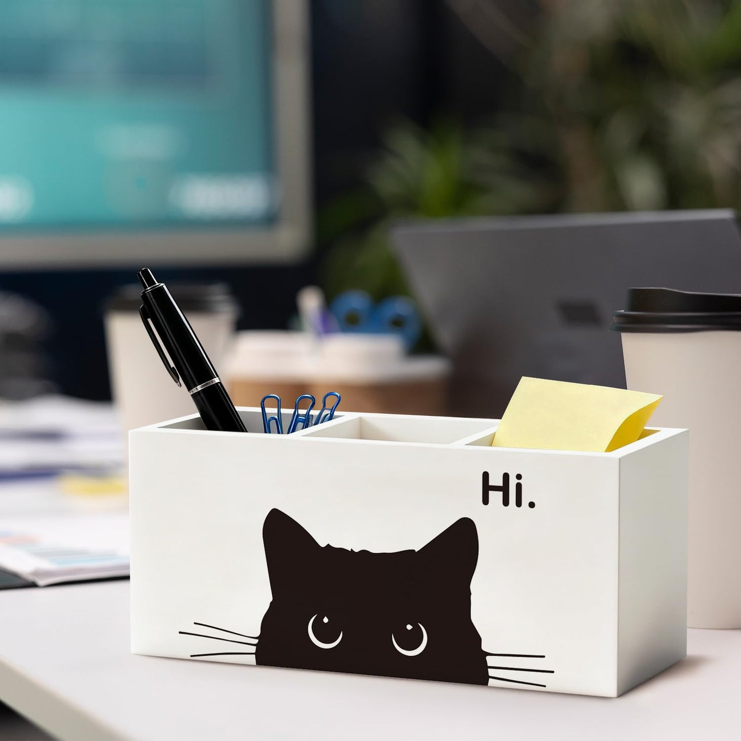 ELMCH Hi Black Cat Pen Pencil Holder Organizer for Desk, Black Cat Mom Lady Lovers Owner Gifts, Personalized Wooden Box Sign Desk Decor for Home Office Library Accessories